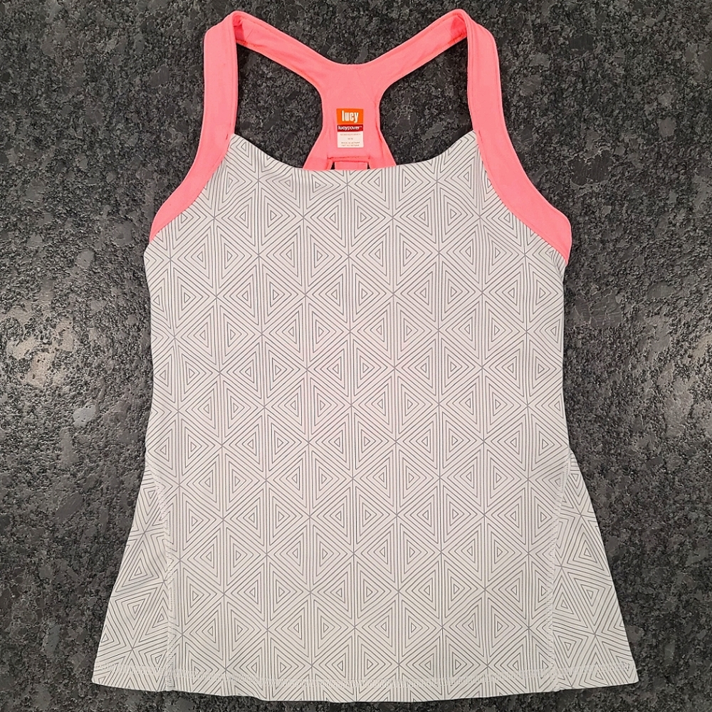 *SOLD* LUCY Razorback Workout Tank Geometric Print Shelf Bra Zip Pocket Womens M